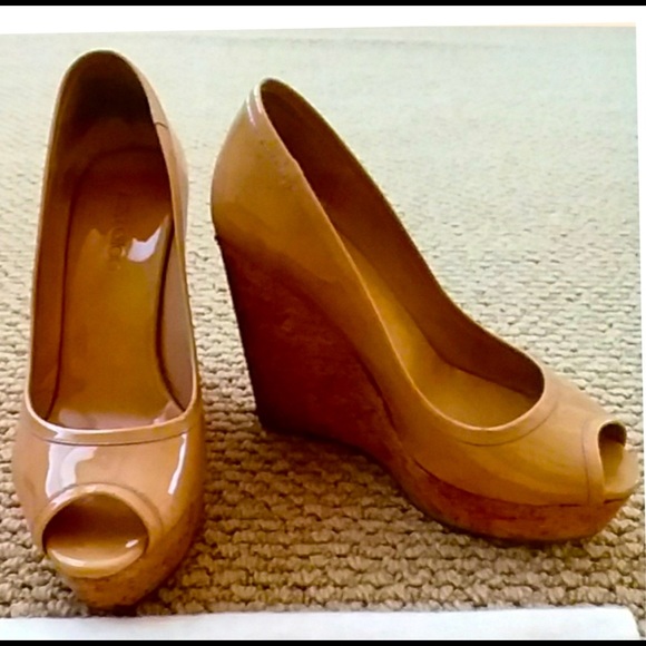 Jimmy Choo Shoes - JIMMY CHOO NUDE, PATENT LEATHER, PEEP TOE WEDGES